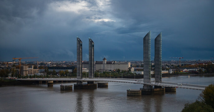Bordeaux, France - November 16, 2019: A picture of the Jacques Chaban-Delmas Bridge on a cloudy day.