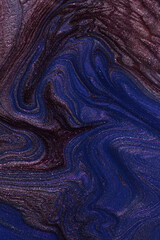 Blue and violet shimmer and glitter abstract background. Make up concept.Beautiful stains of liquid nail laquers.Fluid art,pour painting technique.Vertical banner,can be used as backdrop for chat.