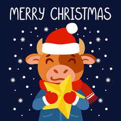 Bull with a yellow star. Ox symbol of the Chinese New Year 2021. Merry Christmas greeting card, poster design. Vector illustration with cute character isolated background. Hand drawn lettering quote.