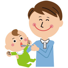 ポップな親子　赤ちゃんとパパ　抱っこ　離乳食ORスプーンで水分補給