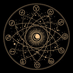esoteric composition of geometric shapes and signs of the zodiac - obrazy, fototapety, plakaty