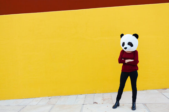 Woman with arms crossed wearing panda mask while standing against yellow wall