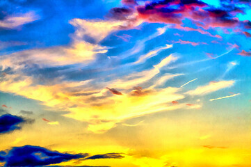 Beautiful dramatic sky scene colorful painting looks like picture.