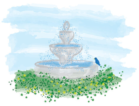 Bird on a Fountain - A blue bird perched on a fountain, surrounded by yellow flowers.