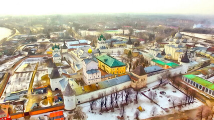 Fototapeta premium Drone flight over the old russian orthodox monastery colorful painting