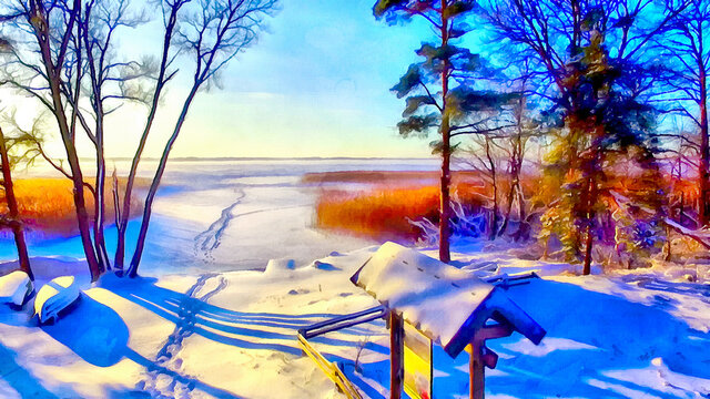 Beautiful winter landscape with lake and boats colorful painting looks like picture.