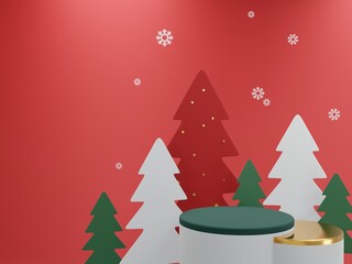 3D render - image merry Christmas red and green background, Christmas background, Winter landscape, holiday Christmas new year concept