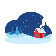Winter landscape with house, christmas trees and snow. Xmas background