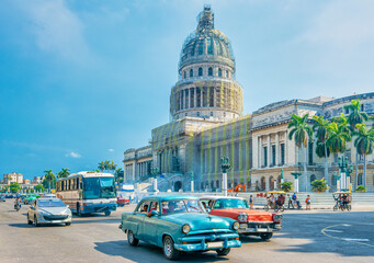 Capitolio building in Havana, Cuba. Logos and plate numbers have been removed. 