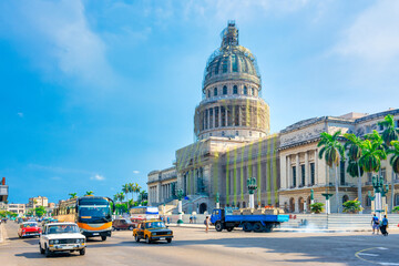 Capitolio building in Havana, Cuba. Logos and plate numbers have been removed. 