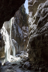 Icicles at Partnachklamm in Garmisch-Partenkirchen, Bavaria, Germany, wintertime