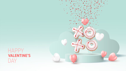 Happy Valentine's Day card. Holiday background with white and pink hearts, round stage, realistic XO cookies and confetti. Vector illustration with 3d render object.