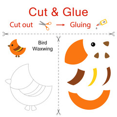 Cut and glue is the paper game for the development of preschool children. Cut parts of the image and glue on the paper. Bird Waxwing. Vector illustration in flat style