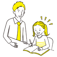 手描き1color  勉強を見てもらう女の子　男性教師