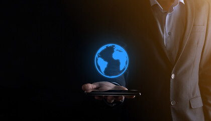 Businessman hand holding e-mail icon, Contact us by newsletter email and protect your personal...