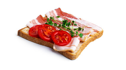 Bruschetta with bacon and tomato on a white background. High quality photo