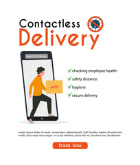 Contactless delivery concept illustration. Courier woman, man in protective mask and food bag with safe distance to protect form covid-19 or coronavirus. Flat vector illustration, isolated objects.
