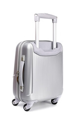 Trip isolated. Silver travel plastic suitcase or vacation baggage bag on white background. Design of summer vacation holiday concept.