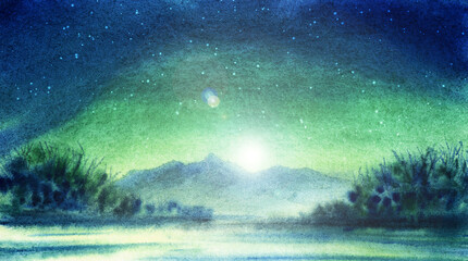 Fototapeta premium Watercolor landscape of shining sun rising over mountains and dispelling starry night. Incredible sky of green color transforming to blue and reflected in calm lake with lush vegetation on its banks