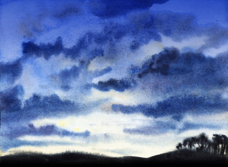 Fototapeta premium Abstract watercolor landscape. Amazing evening blue sky with tremendous cumulus clouds flying above blurry hilly land with dark vague silhouettes of trees. Hand drawn illustration of majestic heaven
