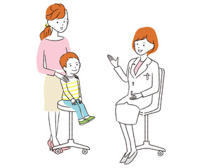 手書き線画カラーイラスト　診察　女医と子供　笑顔