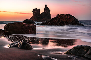 colorful sunset at beach of benijo with waves and rock island in the sea on tenerife  © DEN