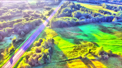 Drone flight over the beautiful land with fields and forests