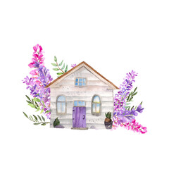 Watercolor illustration. Drawing of a house in gray tones with wisteria flowers. Watercolor composition for postcard, design, print