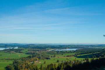 Fototapeta na wymiar aerial view of meadows with lakes in Bavaria. Fussen.