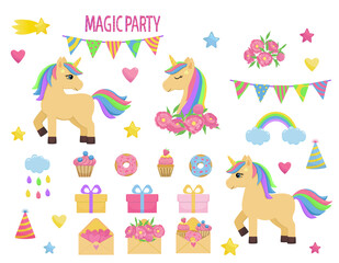 Birthday decor set with unicorn, cupcakes, flowers, stars, hearts and rainbows. Bright cartoon vector illustration for greeting cards and decoration.