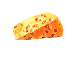 A triangular piece of cheese isolated on a white background. Watercolor illustration