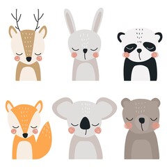 Set with forest and animal hare, deer, bear, Fox, Koala and Panda. Vector illustration in a modern cartoon style, for printing on packaging paper, postcard, poster, banner, clothing.