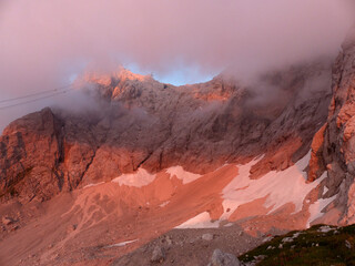 Alps glow at mountain Zugspitze, top of Germany, Bavaria