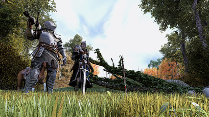 Fantasy landscape, medieval knights with armor in combat gear advance on foot in the middle of the woods, 3d illustration, 3d rendering	
