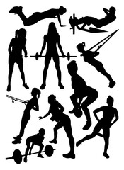 set of silhouettes of female athletes engaged in fitness