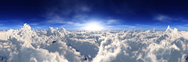 Fototapeta na wymiar Beautiful clouds from above, the sun above the clouds, a panorama of the clouds, flying over the clouds, banner, 3D rendering