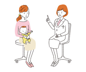 手書き線画カラーイラスト　診察　診療　ママと赤ちゃん　笑顔　女医
