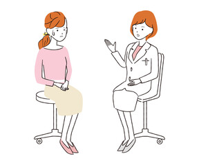 Fototapeta premium 手書き線画カラーイラスト 診察 診療 女性患者 心配 女医