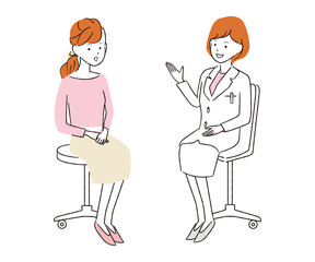 手書き線画カラーイラスト　診察　診療　女性患者　笑顔　女医