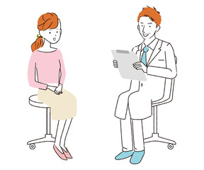 手書き線画カラーイラスト　診察　診療　女性患者　笑顔