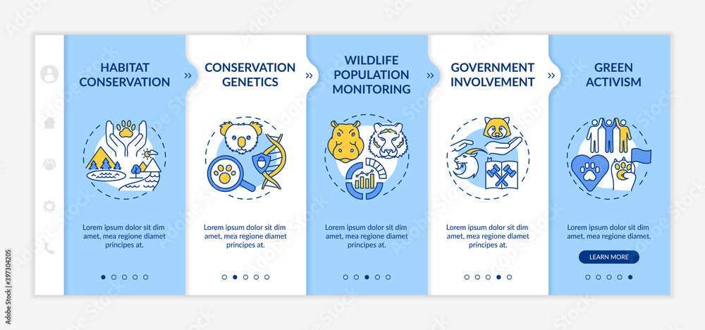 Poster habitat conservation onboarding vector template. wildlife population monitoring. government involvem