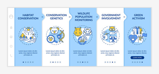 Habitat conservation onboarding vector template. Wildlife population monitoring. Government involvement. Responsive mobile website with icons. Webpage walkthrough step screens. RGB color concept