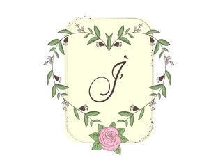 Elegant capital letter I with floral frame, leaves and rose. Calligraphic floral alphabet. Hand drawn composition of flowers. Botanical template design elements for invitation, wedding, greeting cards