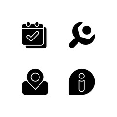 Smartphone interface black glyph icons set on white space. Calendar. Settings menu. Maps. News. Future planned events reminder. System update. Silhouette symbols. Vector isolated illustration