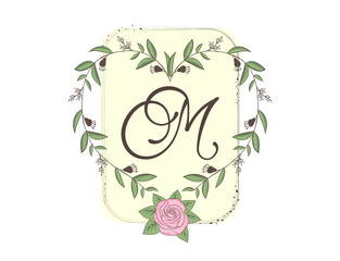 Elegant capital letter M with floral frame, leaves and rose. Calligraphic floral alphabet. Hand drawn composition of flowers. Botanical template design elements for invitation, wedding, greeting cards
