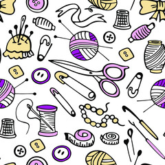 Beautiful seamless pattern with tools for needlework. Vector illustration.