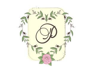 Elegant capital letter P with floral frame, leaves and rose. Calligraphic floral alphabet. Hand drawn composition of flowers. Botanical template design elements for invitation, wedding, greeting cards