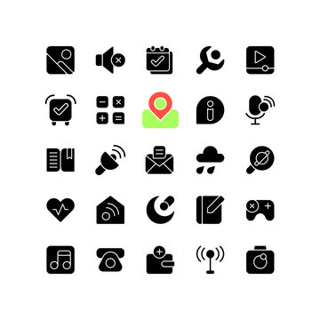 Interface black glyph icons set on white space. Smartphones and tablets application. Settings menu. Camera, photo gallery. Videoplayer, music, games. Silhouette symbols. Vector isolated illustration