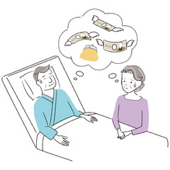 手書き線画カラーイラスト　シニア夫婦　男性入院　お金心配
