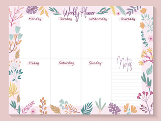 Vector Weekly planner of different plants isolated on white. Flowers and leaves collection for creating branding projects, logos, handmade craft items, web pages, magazine illustrations, notebook and 